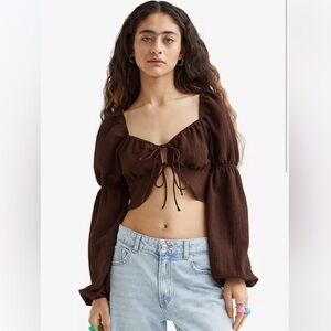 NWT H&M Brown Long Sleeve Lace Up Boho Crop Top Size Small